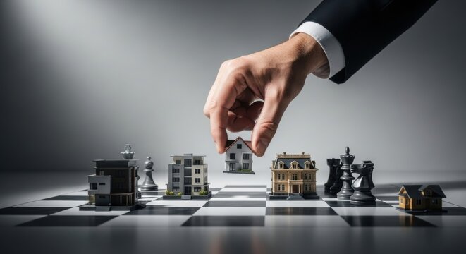 A hand in a suit places a miniature house on a chessboard among other building models, suggesting real estate strategy.