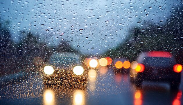 cars with defocused lights in the rain seen through the front window of an automobile glass full of rain drops