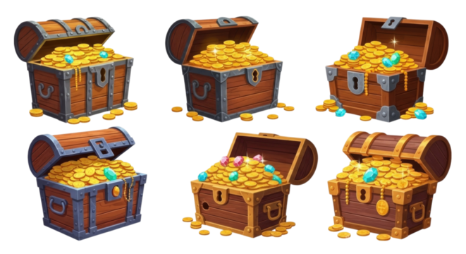 Treasure chests overflowing with gold coins and jewels cutout isolated on transparent bg, png
