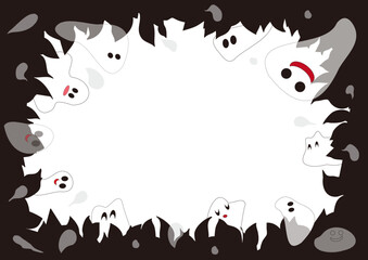 森の中の白おばけたち・背景透過・森のシルエットと、かわいい、白いおばけたち・白背景