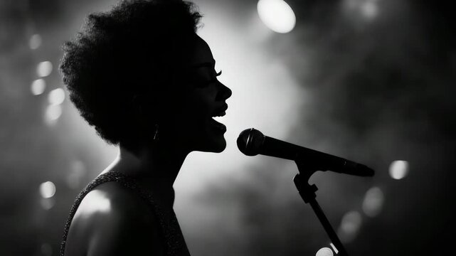 Soulful jazz singer performing live on stage in silhouette under dramatic lighting