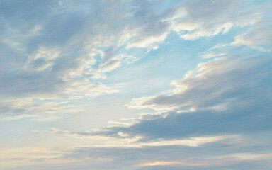 Obraz premium An artistic impression of a blue sky filled with fluffy clouds depicting a serene and peaceful atmosphere