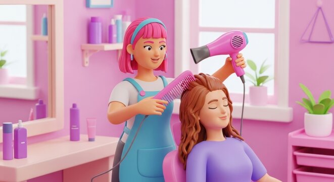 Cartoon woman stylist drying hair of another cartoon woman in a pink salon.