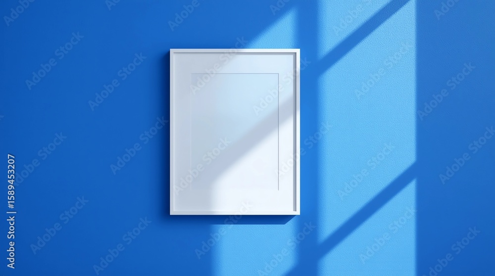 Poster empty frame on vivid blue wall background with natural light of window. display of showing exhibitio
