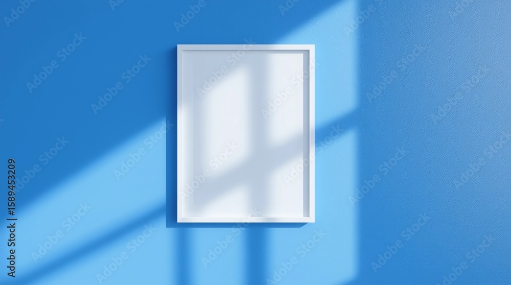 Poster empty frame on vivid blue wall background with natural light of window. display of showing exhibitio