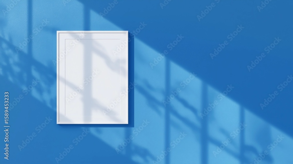 Poster empty frame on vivid blue wall background with natural light of window. display of showing exhibitio
