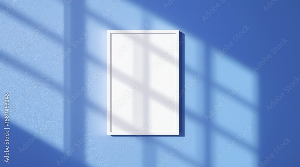 Poster empty frame on vivid blue wall background with natural light of window. display of showing exhibitio