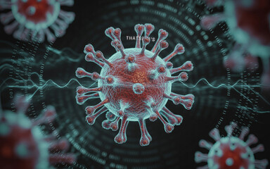 Artistic render of a coronavirus particle with binary code depicting modern medical data and scientific information.