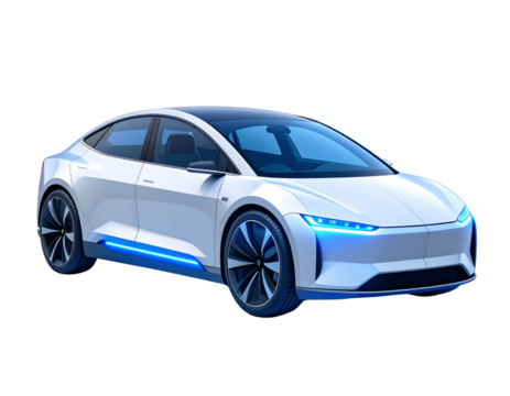  Futuristic self-driving concept car with glowing blue accents, isolated on white