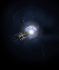 Interstellar Starship Emerging from Hyperspace, 3d digitally rendered science fiction illustration