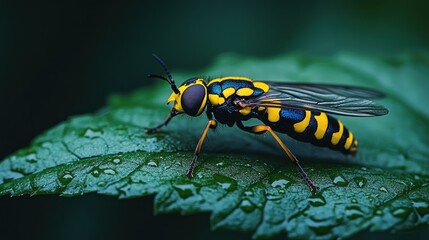 Close-up of a colorful fly on a wet leaf