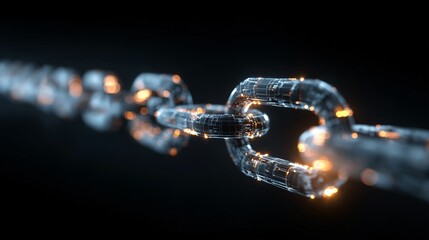 Close-up of a glowing chain link, symbolizing connectivity and technological advancement. The links of the chain are illuminated