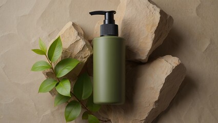 Olive green skincare bottle and green leaves on natural stone background