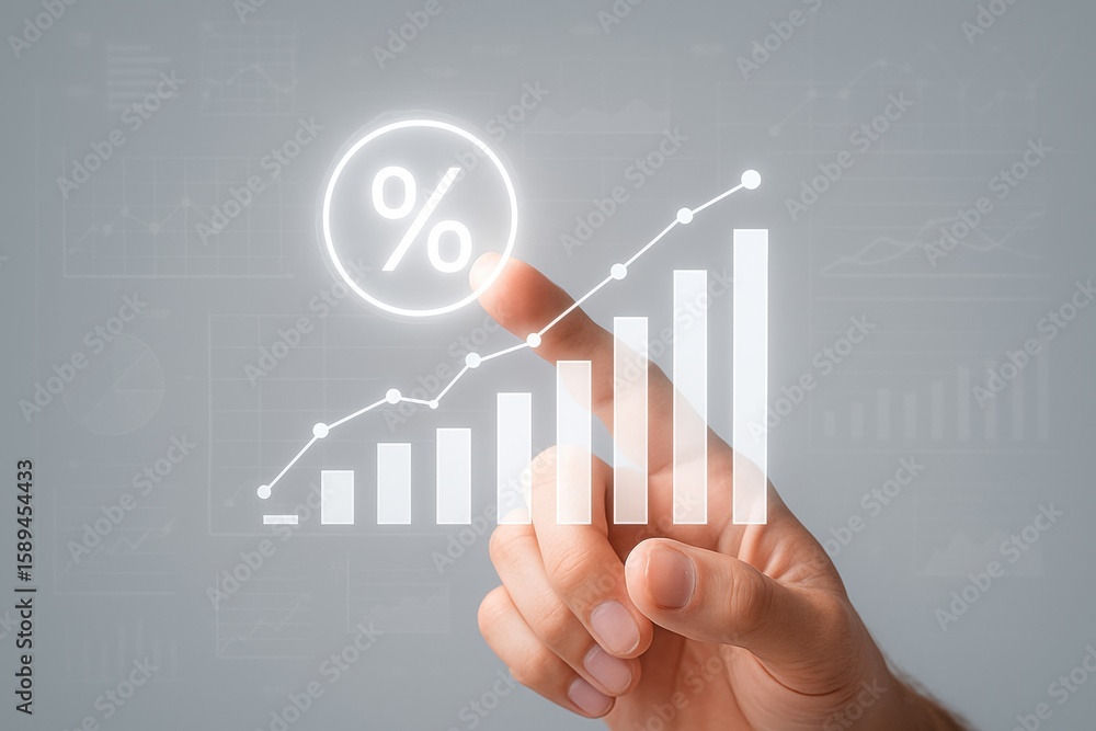 Poster progress visualization: a finger interacts with an illuminated interface, representing financial gro