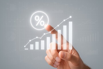 Progress Visualization: A finger interacts with an illuminated interface, representing financial growth and percentage increase, creating a visual metaphor for success and business expansion.