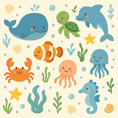 Cute ocean illustration with sea creatures and plants. Suitable for childrens books, educational materials, and nature themed designs. Bright, colorful, and fun.