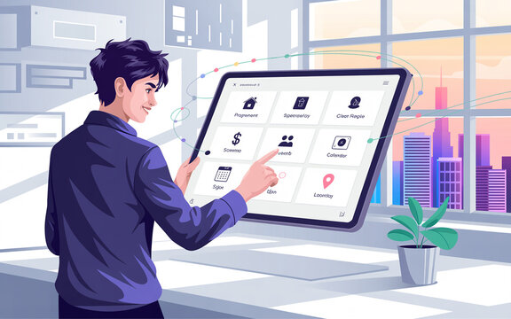 Businessman interacting with tablet interface depicting various application icons in modern office setting with skyline background.