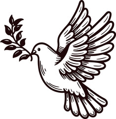 Fototapeta premium Detailed hand drawn flying dove with olive branch in beak, vintage engraving black and white illustration