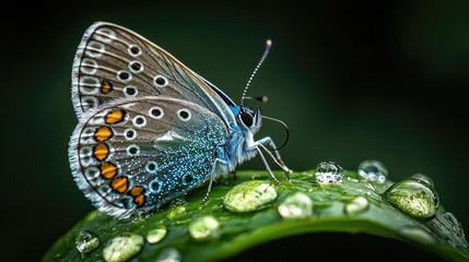 Fototapeta premium A close-up view of a butterfly resting on a leaf covered in dewdrops.