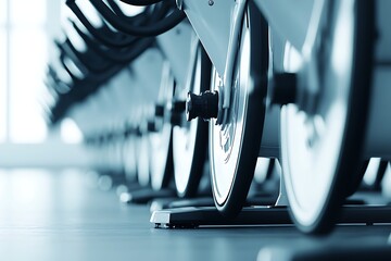 Row of stationary bikes in a fitness studio for indoor cycling and workout exercises