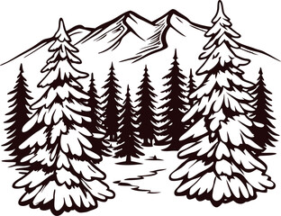 Obraz premium Hand drawn snowy pine trees landscape with distant mountains illustration