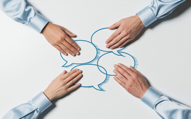 Collaborative communication concept depicting four individuals hands interacting with blank speech bubbles on a white surface.