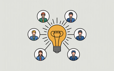 Collaborative idea generation represented by business professionals and bright lightbulb symbolizing innovation and teamwork