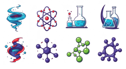 Photo of colorful science icons depict atoms, molecules, flasks, and other scientific equipment isolated on transparent background