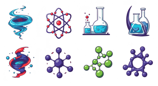 Photo of colorful science icons depict atoms, molecules, flasks, and other scientific equipment isolated on transparent background