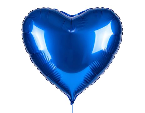 Glossy Blue Heart Balloon Floating Upright, Studio Light Reflection, Isolated PNG