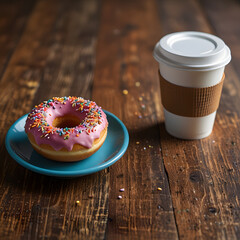 Pink Donut with Sprinkles and Coffee Cup on Wooden Table