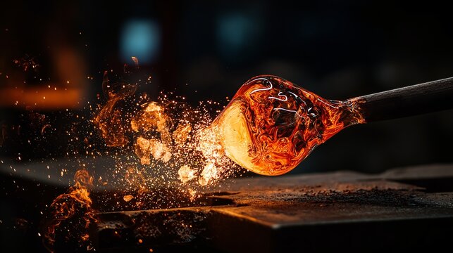 Glowing molten glass being shaped by a glassblower in a workshop. The glass is a fiery orange, and sparks fly off as it's worked