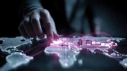 Global Connectivity: A hand gently touches a highlighted location on a world map, symbolizing global interconnectedness and technological innovation. Lines of light crisscross the map.