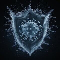 A shield of water protects a virus from infection on a dark background. The shield suggests protection, and the virus represents infection