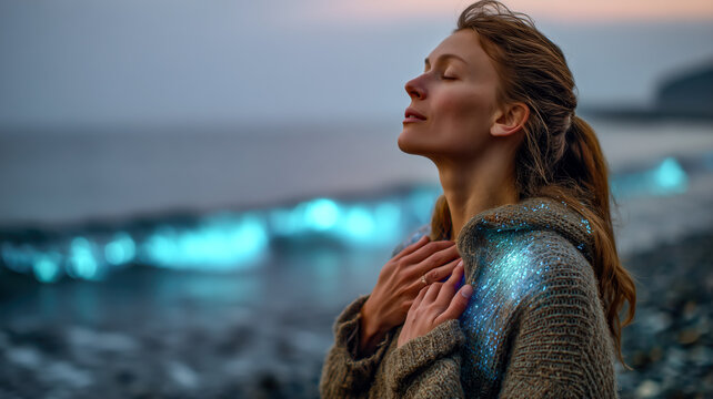Serene woman embracing nature's glow, finding peace by the shore. A moment of tranquility and connection with the ocean's magic.