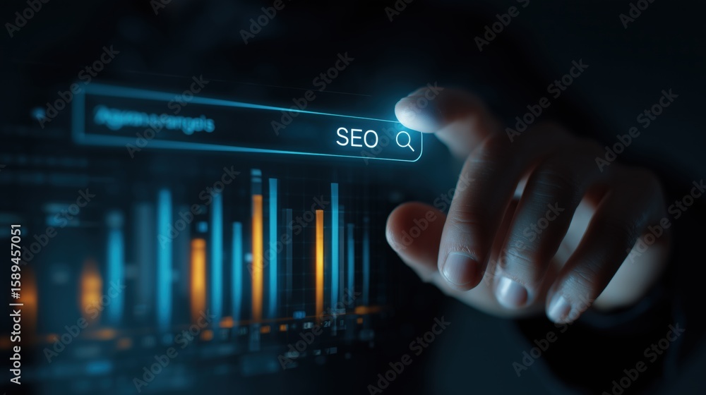 Poster seo search query: an individual's finger delicately interacts with a futuristic digital interface, h