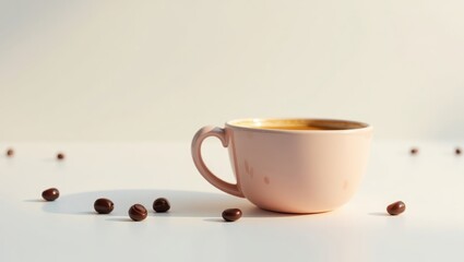 Light pink coffee cup with coffee beans on a white surface.