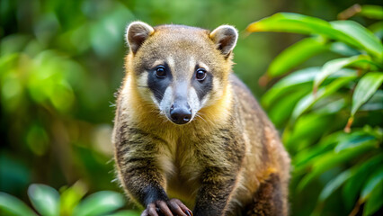 South American coati climbing forest tree