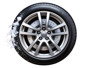  Side View of Sports Car Tire Being Washed with Foam Spray, Isolated on Transparent Background