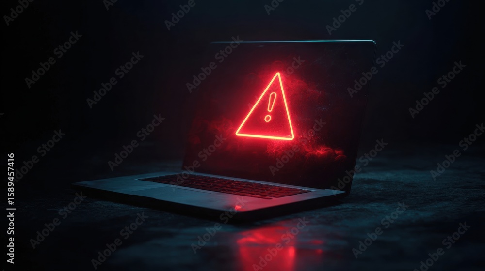 Poster digital threat: a digital rendering of a laptop displaying a luminous red warning symbol, set agains