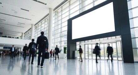 People walk through a modern lobby with a large blank billboard display
