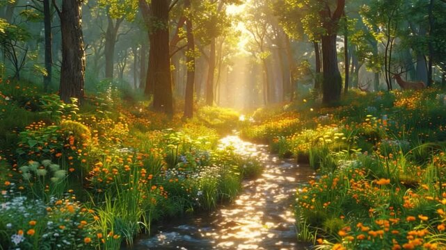 The tranquil forest is bathed in gentle golden sunlight