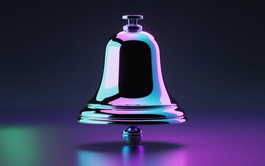 Elegant 3d render of a shiny chrome bell with vibrant neon color reflections against a dark background