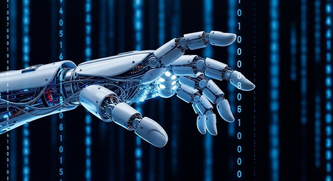 Futuristic Robotic Hand Reaching Out Amidst Binary Code and Blue Light
