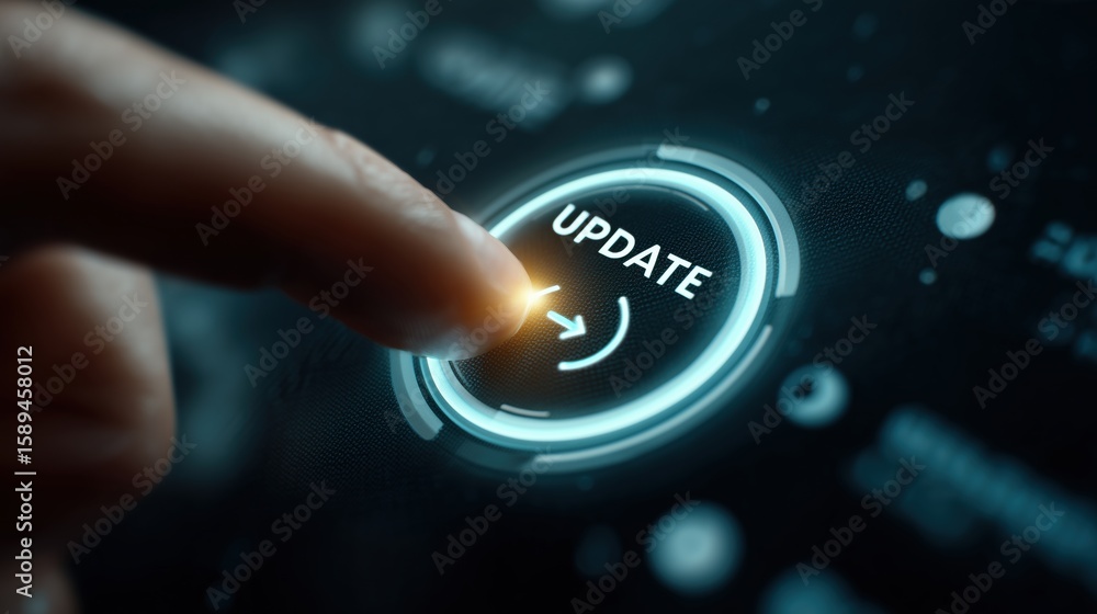 Poster update button: a close-up shot captures a finger about to press the update button, with the word upd