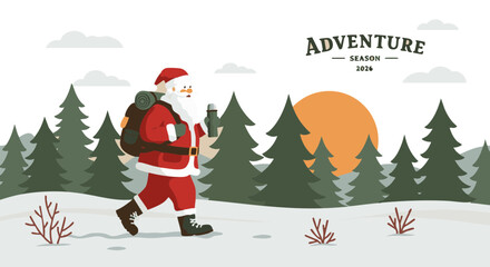 Santa Claus solo winter hike flat vector red beige forest 2026