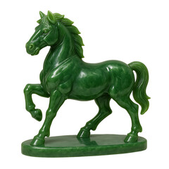 Green jade horse sculpture with raised leg isolated on white background