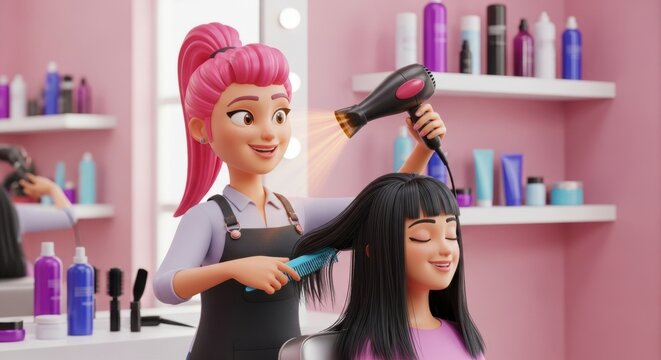 Cheerful stylist blow-drying a client's hair in a pink salon.