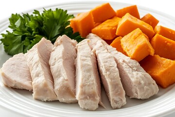 Healthy meal featuring sliced chicken breast, sweet potato chunks, and fresh parsley on plate