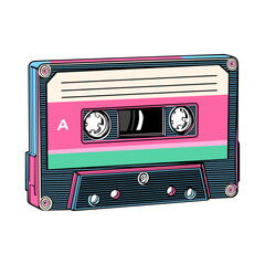 Retro Cassette Tape Illustration Pink Teal and Black Design Vintage 80s, A vibrant illustration of a retro cassette tape with pink teal and black color scheme Perfect for nostalgic designs